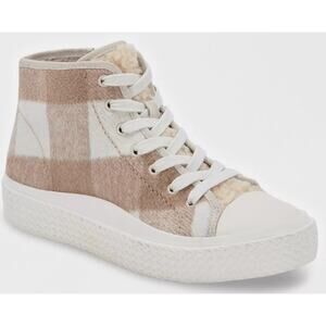 Dolce Vita Veola Plush Sneaker 9 Tan White Gingham Plaid NWOT Shearling Lace Up